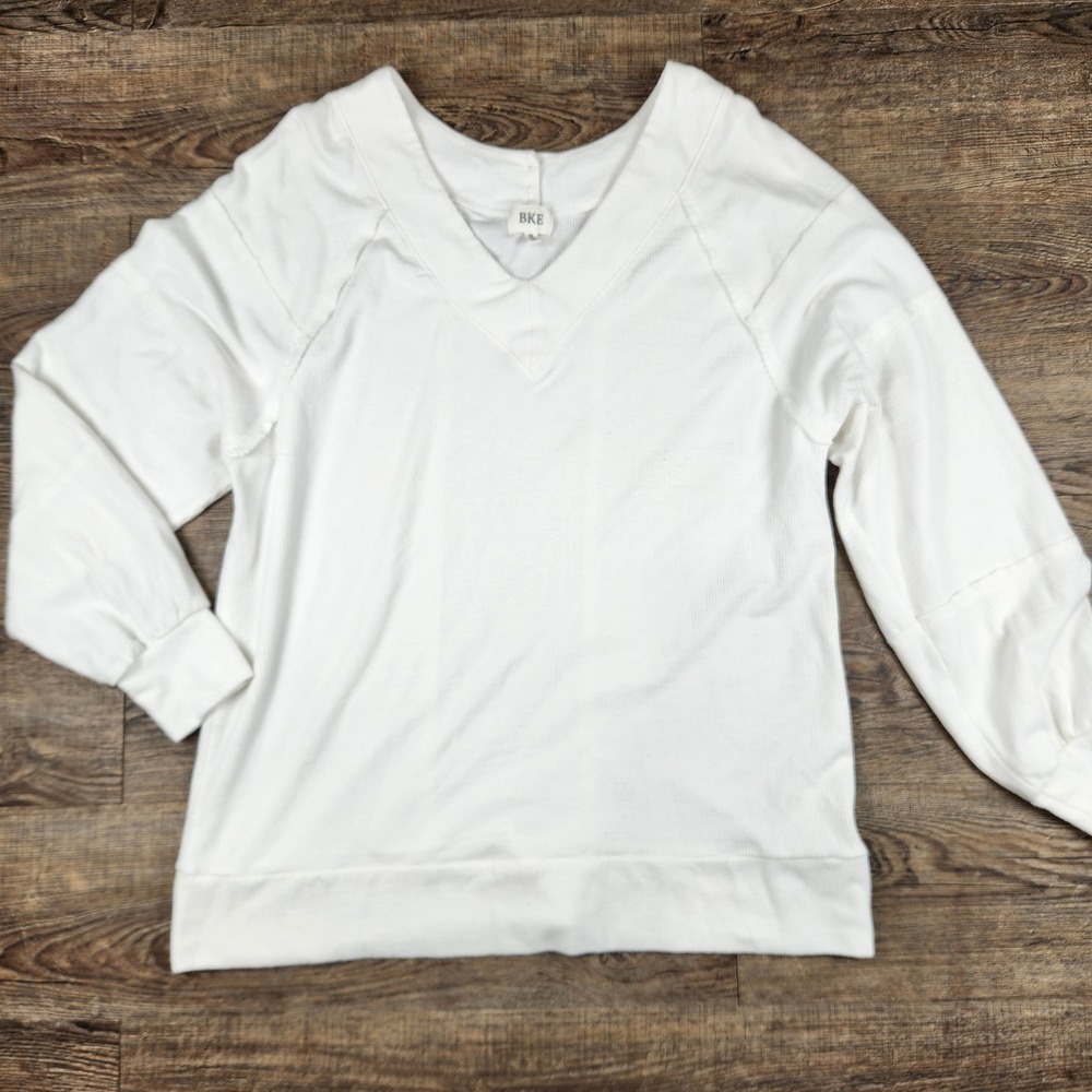 BKE Womens White Ribbed Thermal V-Neck Long Sleeve Top Medium
